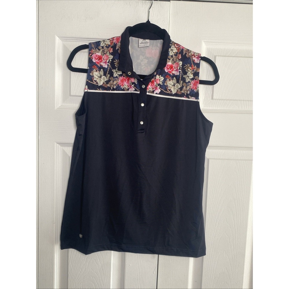 Daily Sports Womens Large Black Floral Sleeveless Golf Tennis Top Pearl Snap